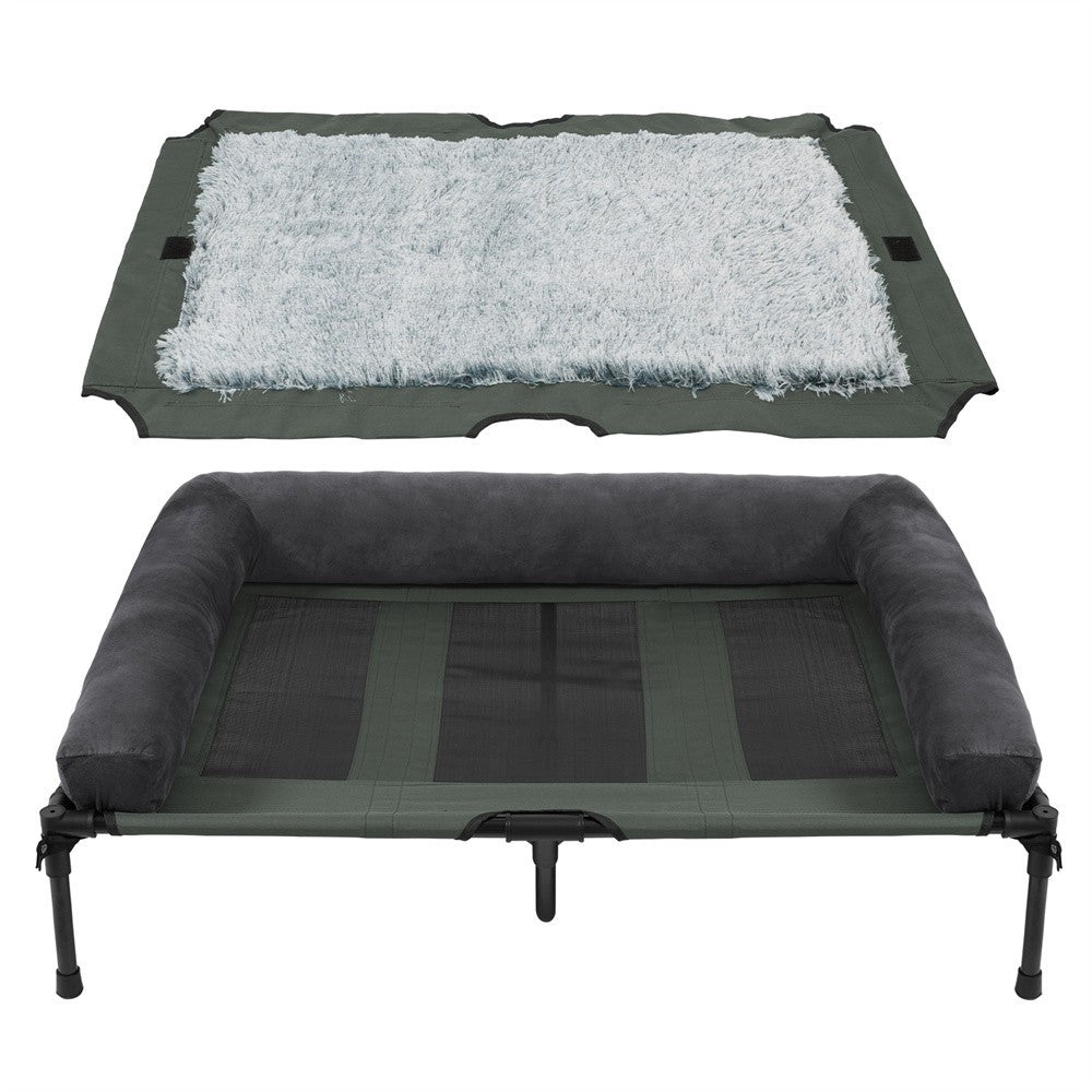 Cama de cachorro grande XXL XL para ambientes externos, elevada com esteira de resfriamento respirável e esteira de pelúcia macia, cama de acampamento para filhotes para casa e jardim