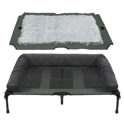Cama de cachorro grande XXL XL para ambientes externos, elevada com esteira de resfriamento respirável e esteira de pelúcia macia, cama de acampamento para filhotes para casa e jardim