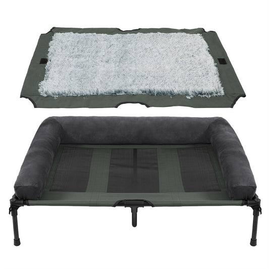 Cama de cachorro grande XXL XL para ambientes externos, elevada com esteira de resfriamento respirável e esteira de pelúcia macia, cama de acampamento para filhotes para casa e jardim