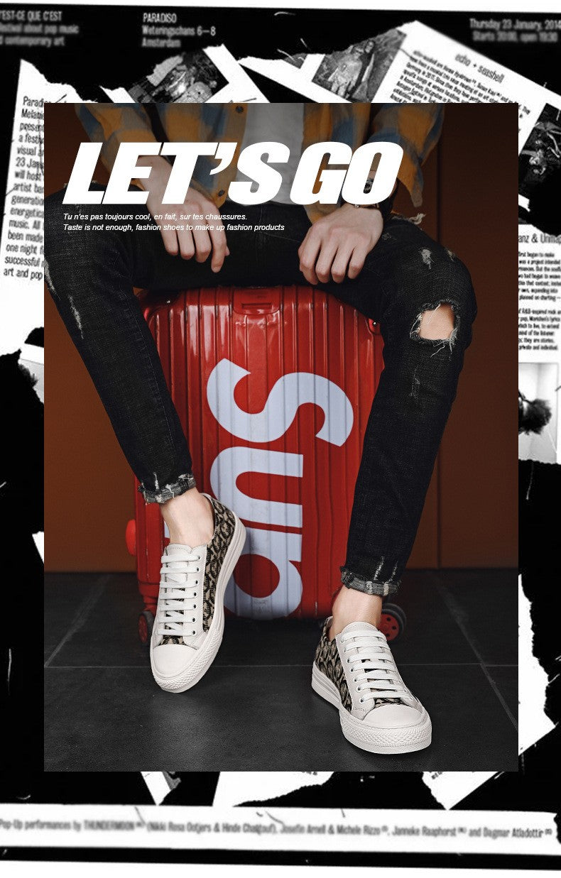 New Shoes for Men Genuine Leather Patchwork Casual Shoes Trend Flat Skateboard Shoes Youth Cool Lace-up Sneakers