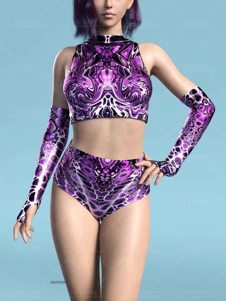 Adult Summer Role Play Bodysuit Women Sexy Hollow Sleeveless Blue Graffiti Art Swimsuit Carnival Party Stage Performance Clothes