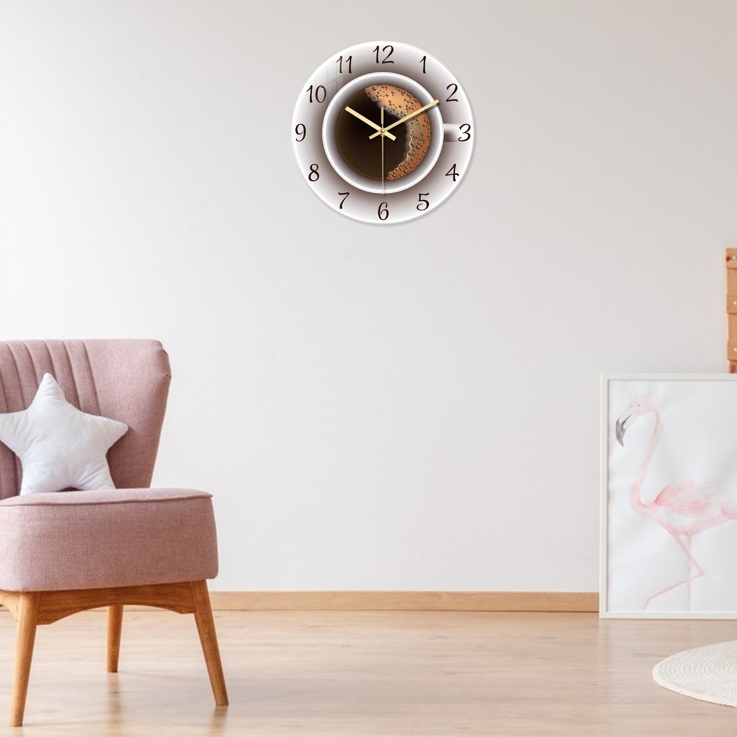 A Modern American Coffee Cup Pattern 4mm Thickeneded Tempered Glass Wall Clock Living Room Bedroom Kitchen Home Decoration Wall Clock Silent Quartz Clock Holiday Gift 12 Inches 14 Inches 16inch (Without Battery)