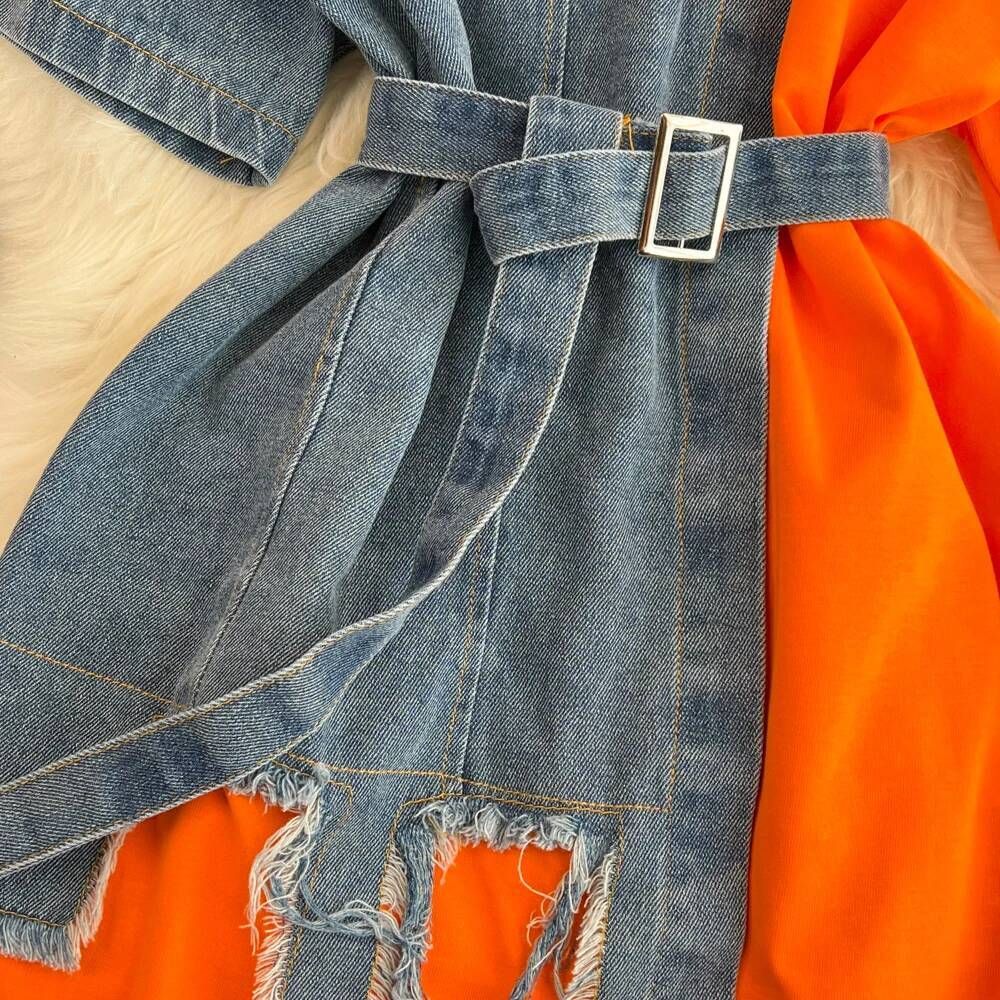 XFPV Women's Sweet high Waist Wrap Belt Round Neck patchwork Denim Shirt  Chic Top Y2k Korean Fashion Spring Summer 2025 SM11327