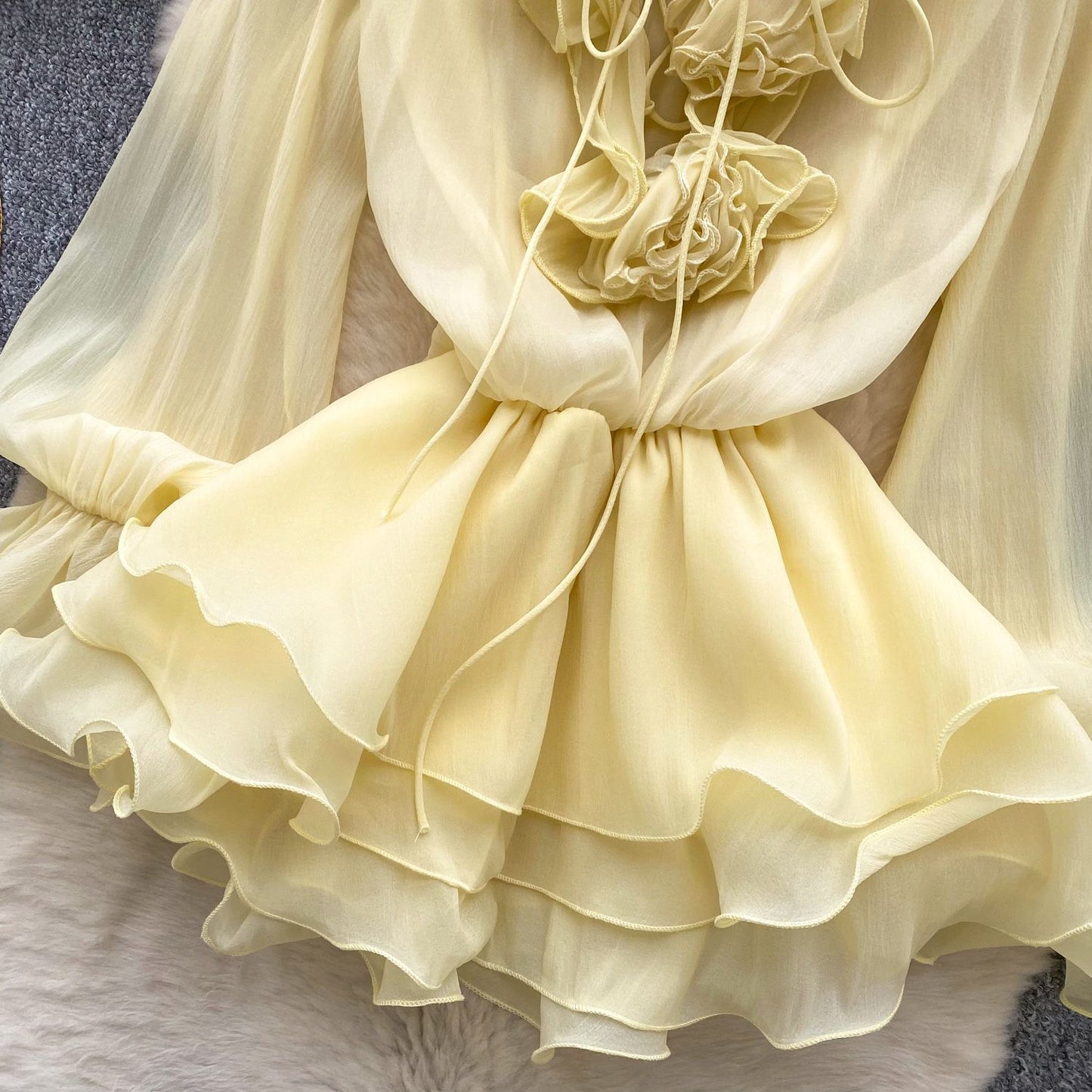 SINGREINY 3D Floral Beach Short Dress Female Long Sleeves Lace Up Ruffle Chiffon