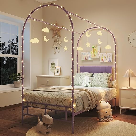GAOMON Cama Infantil com Dossel, com Cabeceira e Peseira, Estruturas de Cama de Solteiro Estofadas com Hastes Arqueadas para Mosquiteiro, Metal Resistente