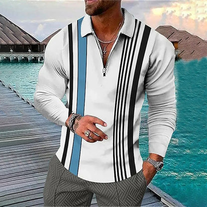 Spring and Autumn Men's Long Sleeve Zipper Polo Shirt Fashion Stripe Design Comfortable Polyester Fiber