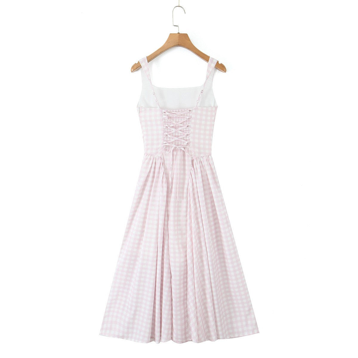 YENKYE Lace Up Bandage Plaid Sling Dress Women Elegant Square Neck Low Waist A-l