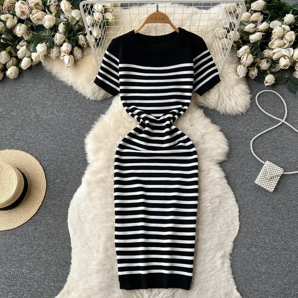 Summer Striped Beach Knitted Dress O Neck Short Sleeves Chic Hotsweet Slim Sundr