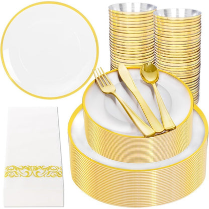 350PCS Clear and Gold Plastic Plates Gold Disposable Plastic Dinnerware Set for 50 Guests Include 100 Plastic Plates 150 Gold C