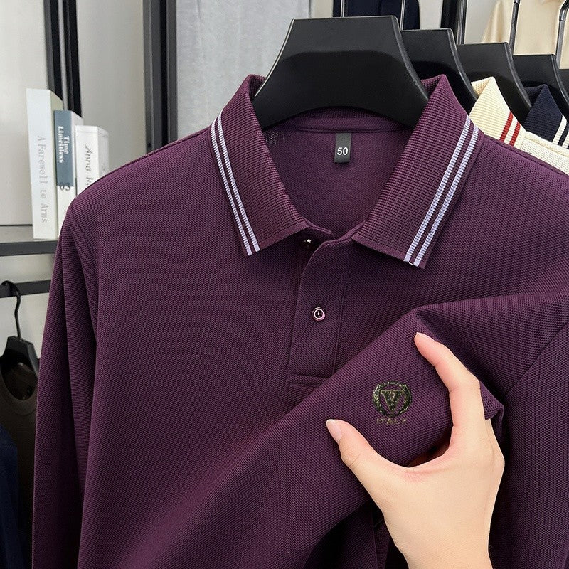 100Cotton Luxury Quality Men's Polo Shirt Striped Collar Breathable V-Print Long Sleeve Autumn Lapel T-Shirt Business Menswear
