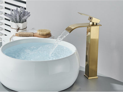 Brushed Golden Basin Faucets Elegant Waterfall Bathroom Sink Faucet Single Lever Hole Deck Mount Brass  Mixer Taps