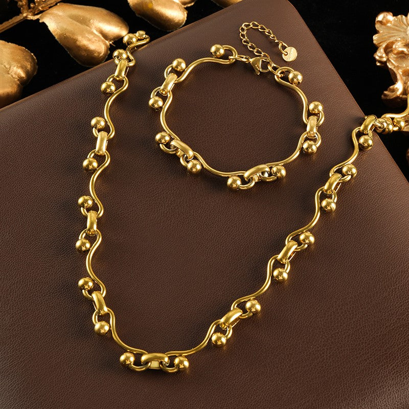 GANEMLY 316L Aço Inoxidável Metal Dourado Cor Contas Corrente Colar Pulseira Conjunto Para Mulheres Correntes Modernas Joias À Prova D'água Novo