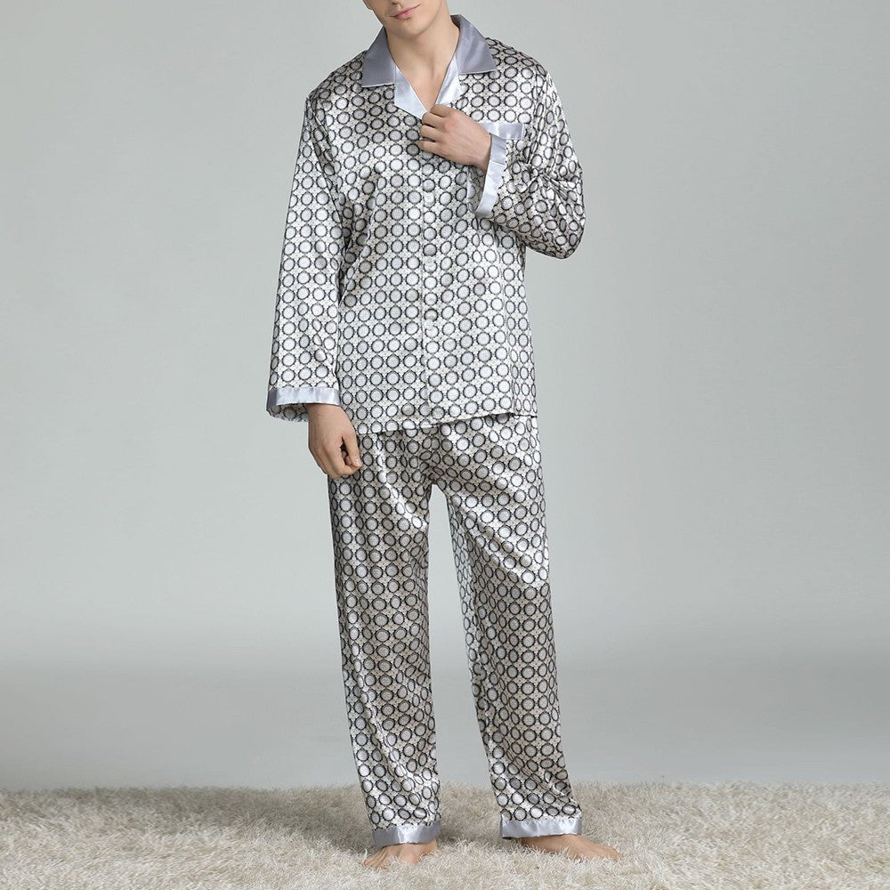 Mens Satin Silk Pajama Sets Sleepwear Casual Nightgown Loose Loungewear Pajamas Pijamas Autumn New Print Nightwear Homewear