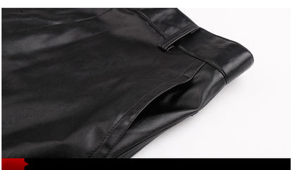 Men's Leather Pants Straight Fit Elastic PU Leather Trousers Motorcycle Pants Thin