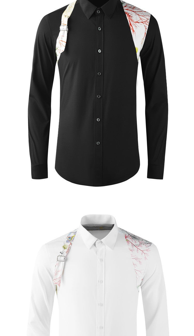 Fashion Shoulder Strap Splicing Long Sleeved Men's Shirt Cargo Casual Daily Shirts Slim Fit Cotton Business Party Social Tops