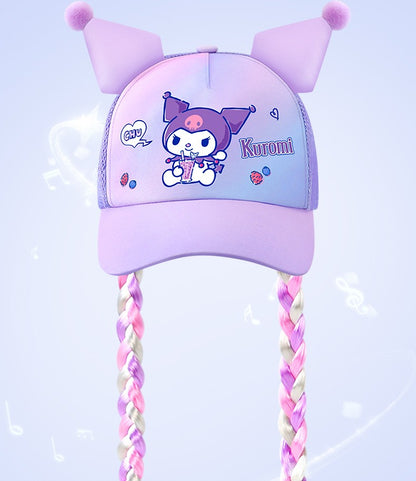 Sanrio Kuromi Baseball Cap Summer Sun Hats for Girl  Breathable Visor Hat  Kawaii Wig Braid Cute Kids Children Aged 5-10 Sunhat