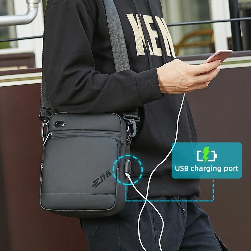 HK Casual Men's Shoulder Bag Large Crossbody Bag USB Charging Travel Sports Chest Bags Waterproof Sling Pack With Headphone Jack