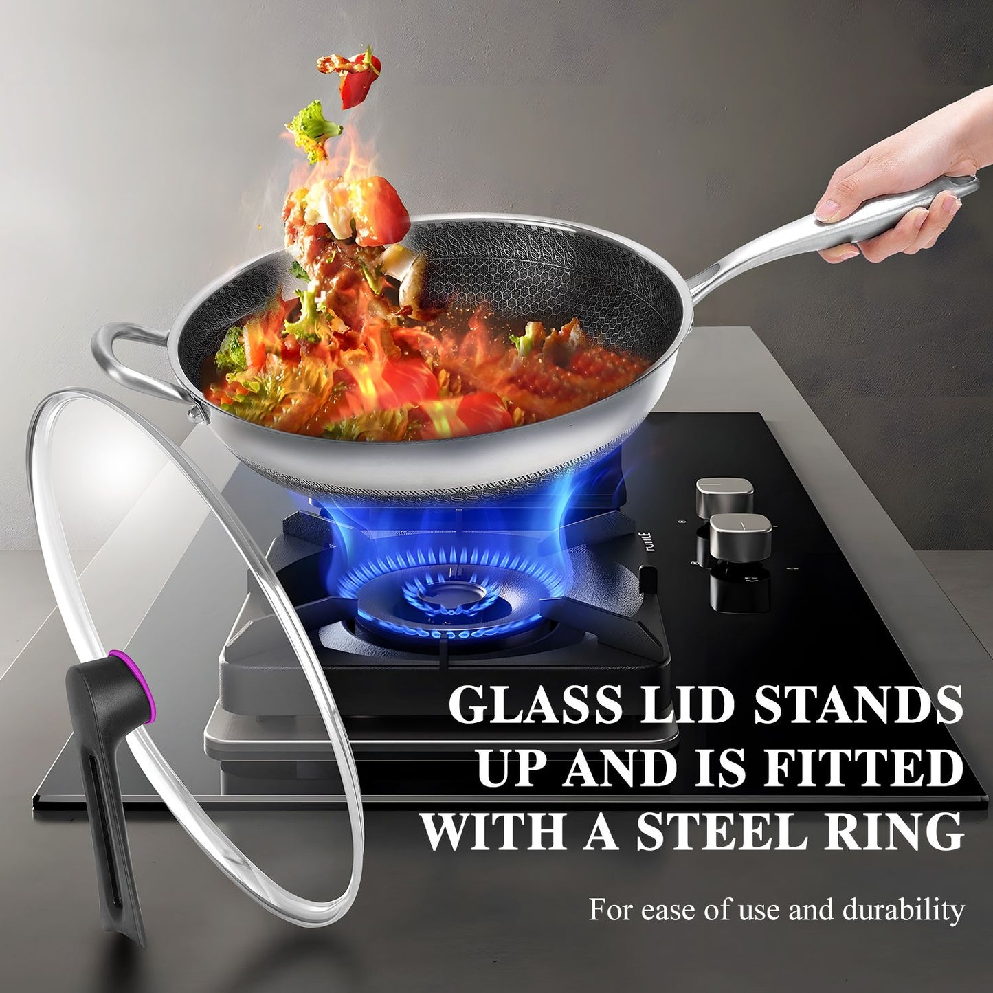 Wok pan,Hybrid 13 inch Wok with Lid, PFOA Free Cookware,non stick Stainless Steel Woks & Stir-fry pans Nonstick