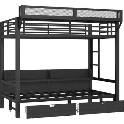 Beliche com Gavetas e Prateleiras, Beliche Duplo XL sobre Duplo XL com Portas USB e Luzes LED, Cama Inferior que pode ser con