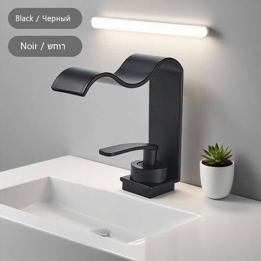 Luxury Brushed Gold Bathroom Sink Faucet Deck Mounted Hot Cold Brass Mixer Waterfall Basin Faucets Lavatory Washbasin Water Tap