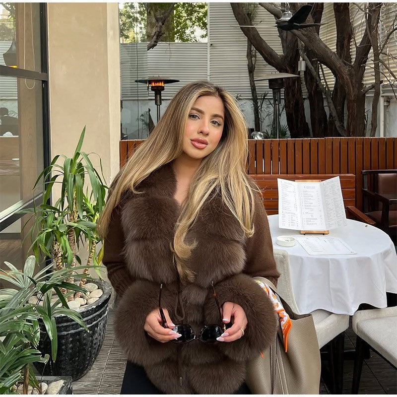 Elegant Knitted Faux Fur Patchwork Women's Coat Thicken Lady Coats 2025 Autumn Winter Chic Female Street Warm Outerwears