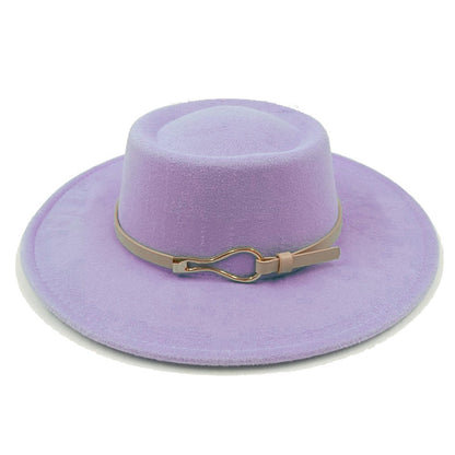 Acessórios femininos de fivela de couro metal com chapéu de feltro de pele com top côncavo e convexo, chapéu fedora e conjunto de bolsa combinando, estilo retrô