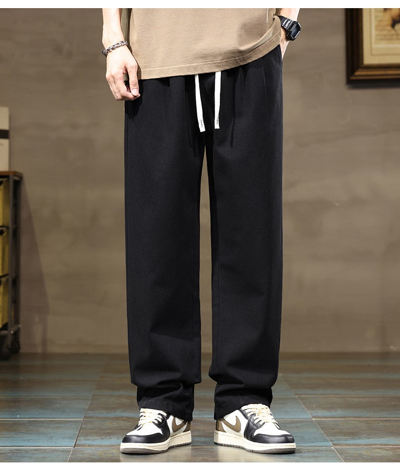 100% Cotton Men's Loose Wide Leg Pants Elastic Waist Fashion ArmyGreen Khaki Korean Streetwear Autumn Straight Trousers