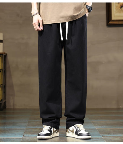 100% Cotton Men's Loose Wide Leg Pants Elastic Waist Fashion ArmyGreen Khaki Korean Streetwear Autumn Straight Trousers