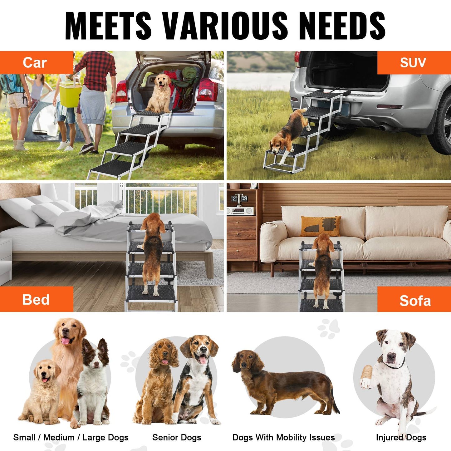 SucceBuy Escada para Cães para Carros Degraus Largos para Carros Dobráveis Portáteis Degraus para Animais de Estimação Leves de Alumínio para Carros SUV e Caminhões 68 kg