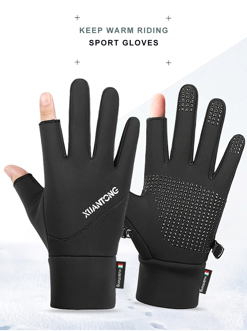GOBYGO 1Par Luvas de Inverno com Forro de Lã para Aquecer, Luvas de Ciclismo Antiderrapantes de Silicone, Luvas de Pesca Touchscreen com Dois Dedos Expostos