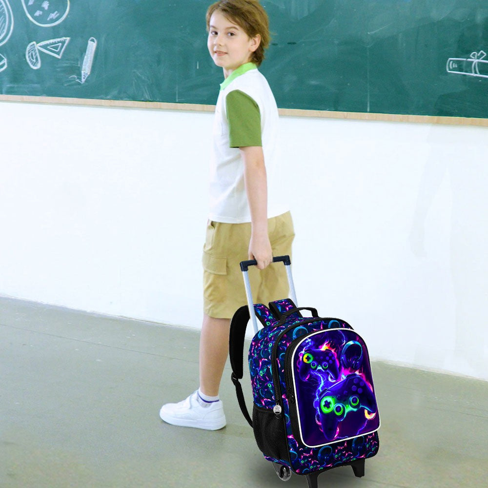 Mochila de Rodinhas para Meninos, 3 PEÇAS Bolsa Escolar com Rodas para Crianças com Lancheira - Game Console