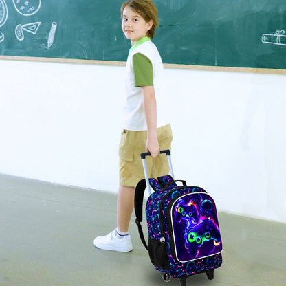 Mochila de Rodinhas para Meninos, 3 PEÇAS Bolsa Escolar com Rodas para Crianças com Lancheira - Game Console