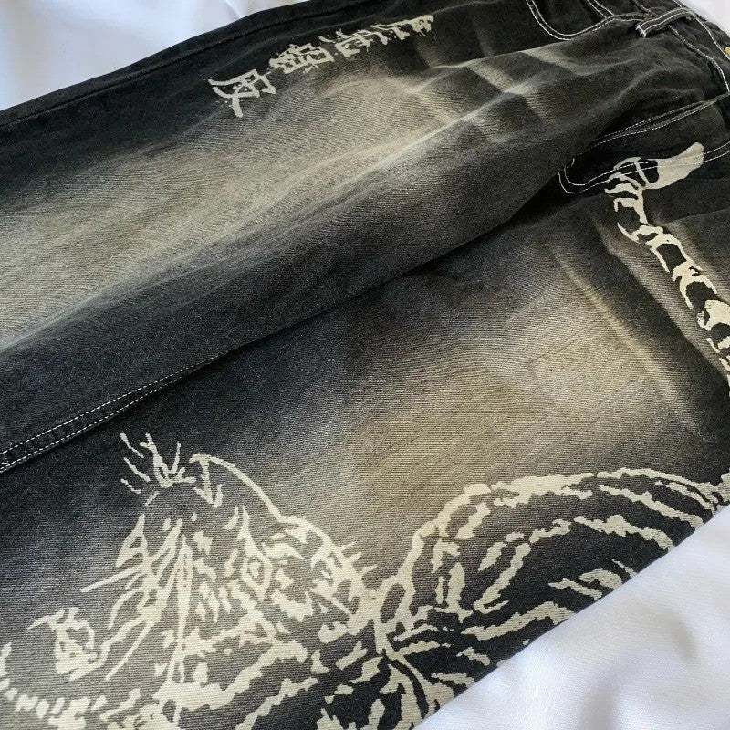 Y2K American New Fashion Tiger Print Loose Jeans Women High Street Harajuku Wind Trend Casual Joker High Waist Wide Leg Pants