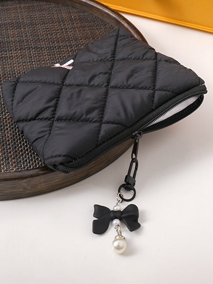 Simple bow quilted clutch, portable everyday small item pouch for lipstick, earphones, and change, soft travel makeup bag