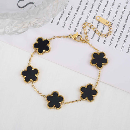 Pulseira Clássica de Aço Inoxidável de Luxo Feminina Ajustável com Cinco Flores para Mulheres Novas Joias da Moda para Festas Presentes Trevo