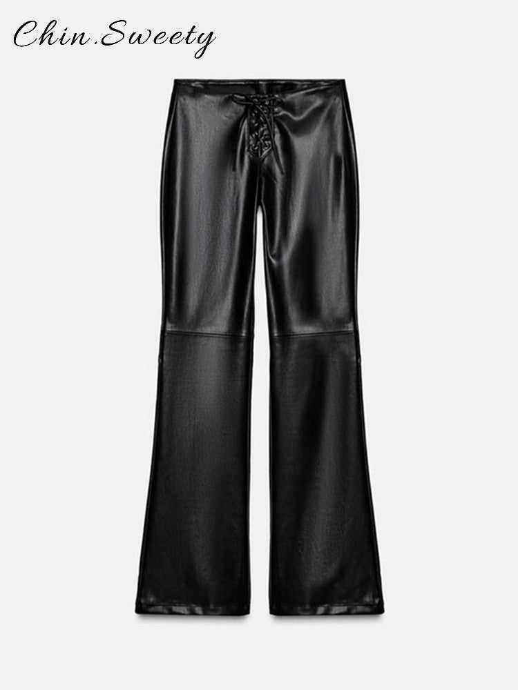 Elegant Women's Bandage PU Leather Trousers Black Low Waist Slim Straight Flare Pants 2025 Autumn Winter Lady Chic Y2k Pant New