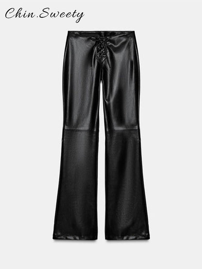 Elegant Women's Bandage PU Leather Trousers Black Low Waist Slim Straight Flare Pants 2025 Autumn Winter Lady Chic Y2k Pant New