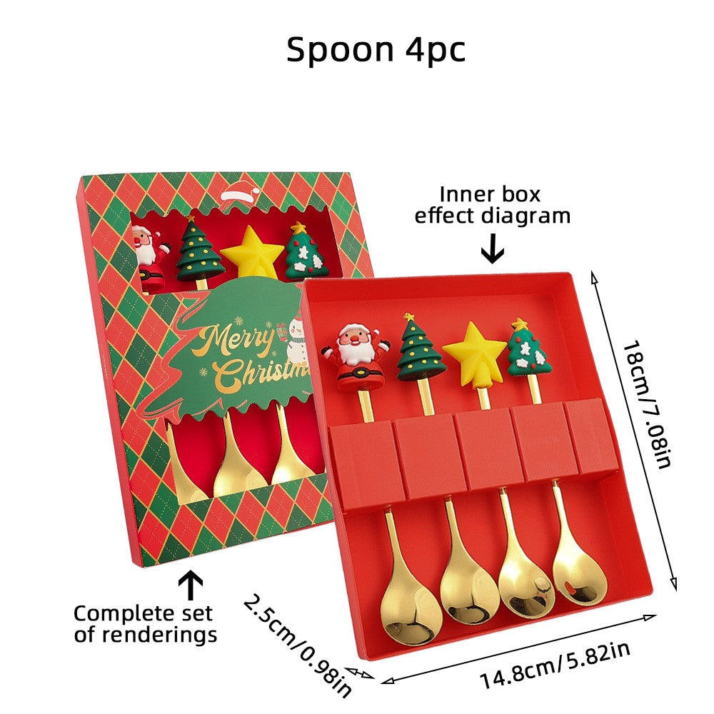 Christmas Themed Cutlery Gift Set 2/4/6pcs Stainless Steel Forks Spoons for Dessert, Creative Holiday Tableware Coffee Tea Party