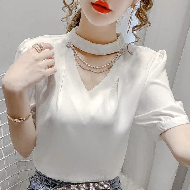 Women Summer Style Blouses Shirts Lady Fashion Casual Puff Short Sleeve Beading O-Neck Solid Pearl Blouses Tops