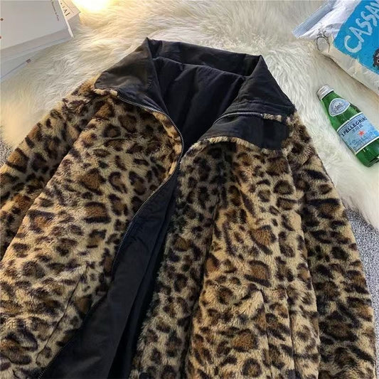 American Retro Harajuku Leopard Print Reversible Zipper Jacket Women Streetwear Trendy Casual Autumn and Winter Warm Plush Coat