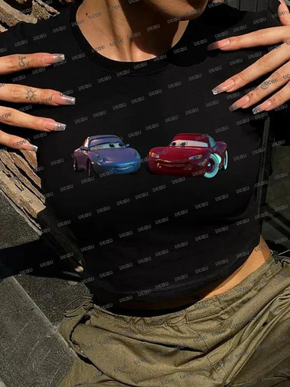 2025 Summer New Lightning Mcqueen Print T-shirt For Women Short Sleeve Crop Top Streetwear O-neck Tees Vintage Casual Y2k Tops