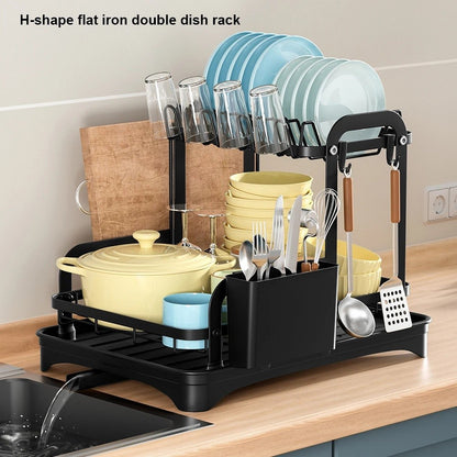 HOT 2 Tier Dish Bowl Drainer Storage Rack Kitchen Dish Drying Rack with Drain Basket Countertop Dinnerware Organizer Drainboard