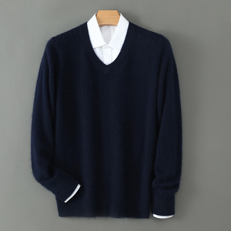 Autumn And Winter New Warm Pure Mink Cashmere Sweater Men's V-neck Pullover Thickened Plus Size Knitted Bottoming Shirt