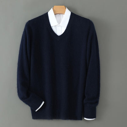 Autumn And Winter New Warm Pure Mink Cashmere Sweater Men's V-neck Pullover Thickened Plus Size Knitted Bottoming Shirt