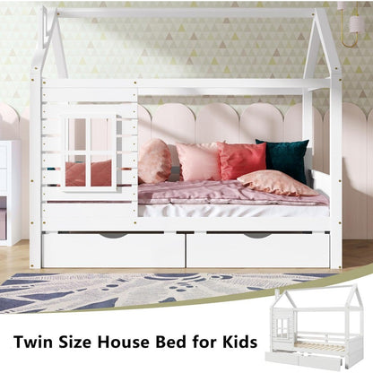 Cama Infantil Aoowow com Cama de Casa de Tamanho de Solteiro e 2 Gavetas, Estrutura de Cama de Madeira de Solteiro com Janela e Telhado para Quarto, Cama Infantil de Tamanho de Solteiro Moderna Pla