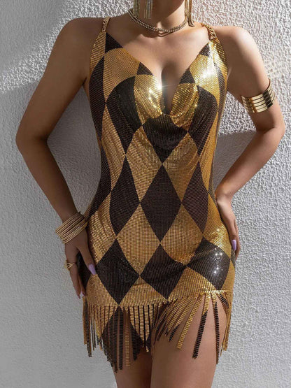 Sexy Metal Splice Backless Fashion Women's Dress Mini Skirt V-neck Sleeveless L22593 Cross-border Summer New Arrival