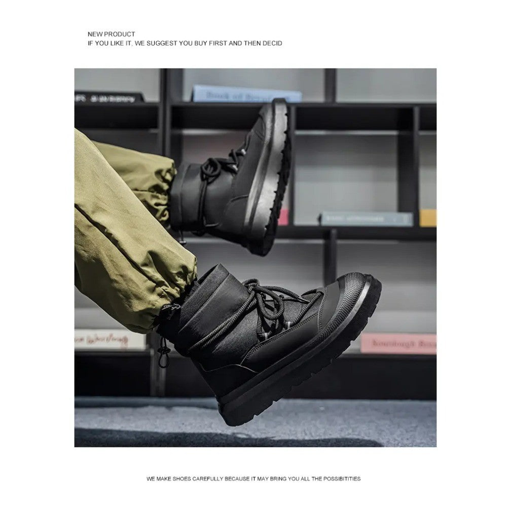 Work Style Snow Boots for Men Women Plus Fleeces Warm Winter Boots High Top Thick Soled Lace Up Black Plush Couple Cotton Shoes