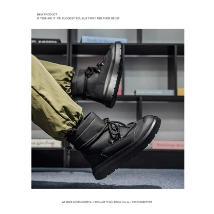 Work Style Snow Boots for Men Women Plus Fleeces Warm Winter Boots High Top Thick Soled Lace Up Black Plush Couple Cotton Shoes