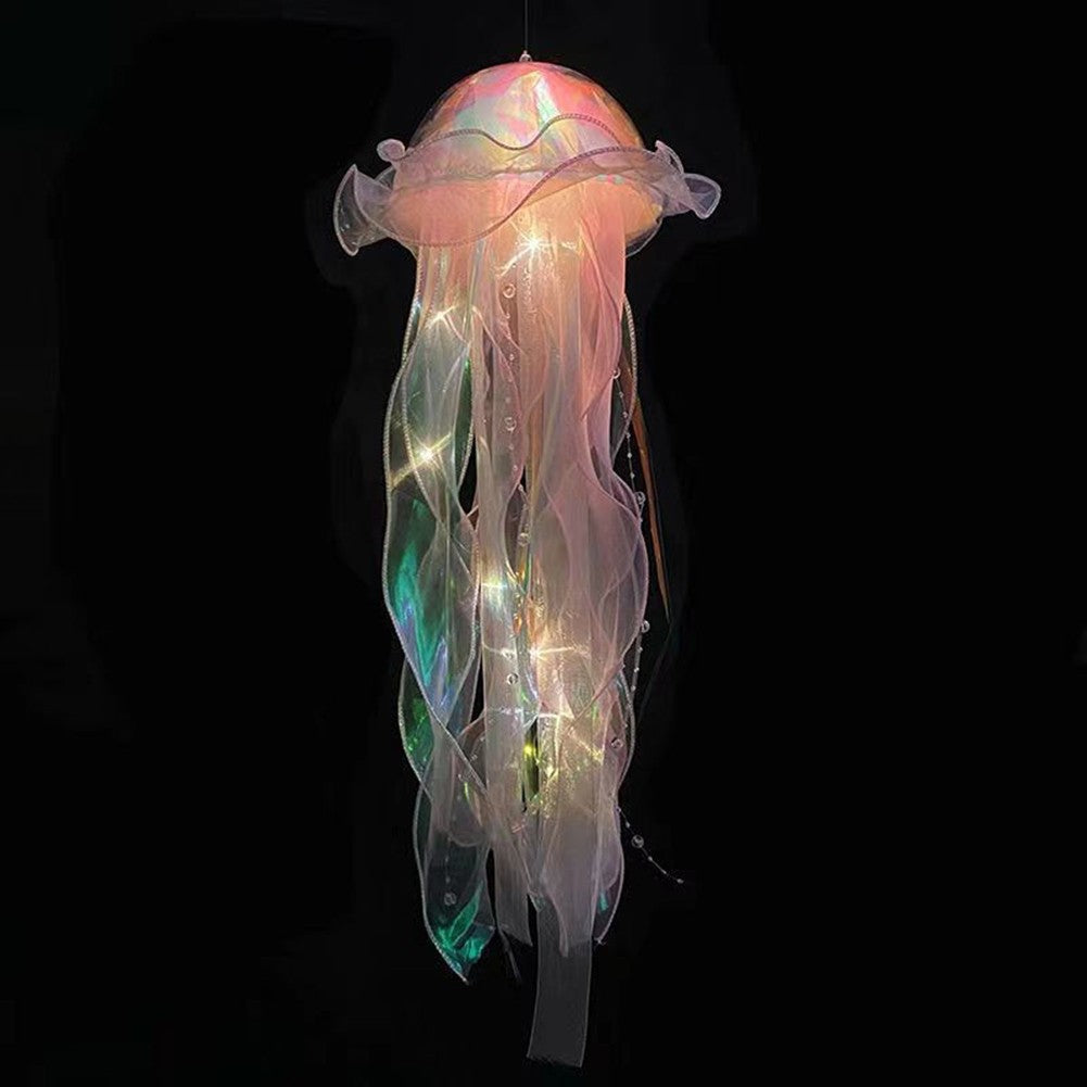 Jellyfish Atmosphere Night Light Button Battery Hanging Ceiling Lantern Realistic with Ribbon&Bead for Children Bedroom