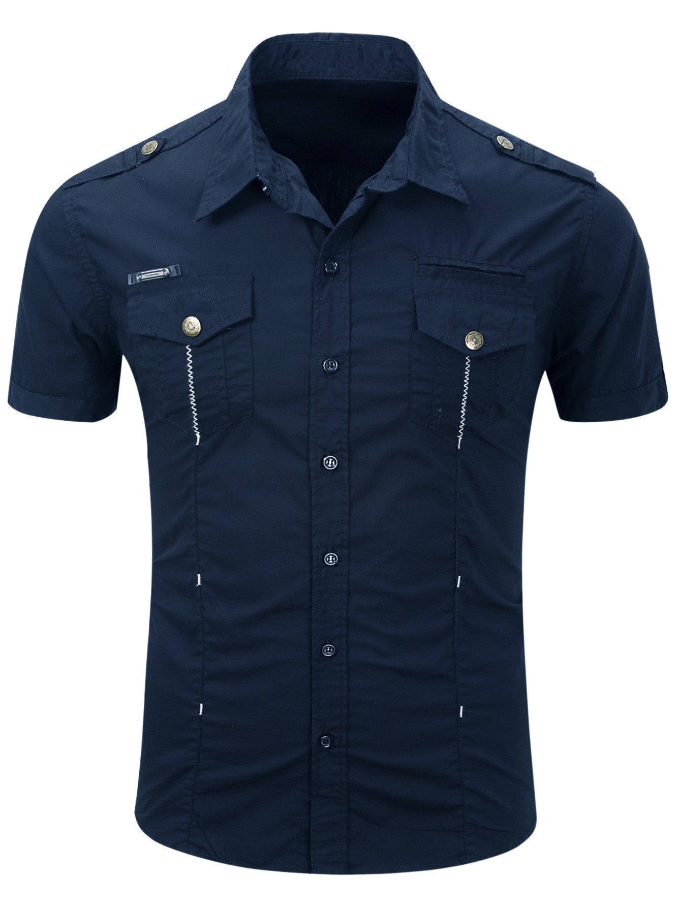 Euro Big Size Men's Cotton Casual Short Sleeve Button-Down Shirt with Chest Pockets Regular-Fit Work Shirt Outdoor Cargo Wear